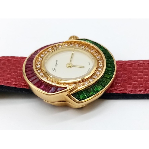 69 - Vintage Bouquet 18ct gold ladies dress watch, round face with emerald, ruby and diamonds surround, 3... 