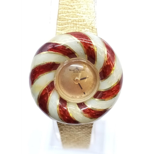 83 - Vintage 18ct gold Baume & Mercier Geneve ladies cocktail watch with round face and enamel bezel, sol... 