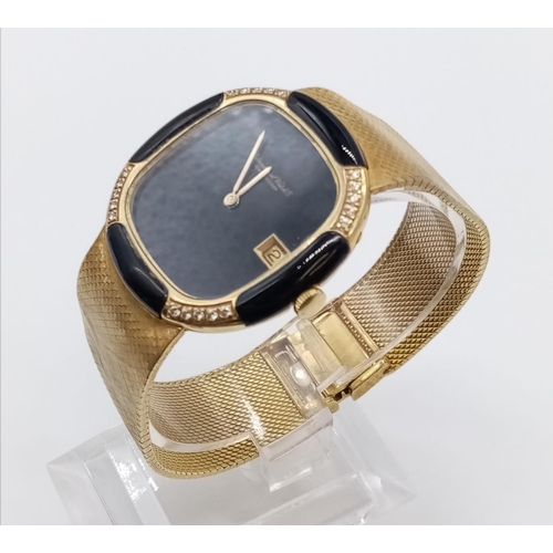 97 - IWC Schaffhausen 18ct gold watch with black face, diamond and enamel bezel, 17.5cm long approx, 35mm... 