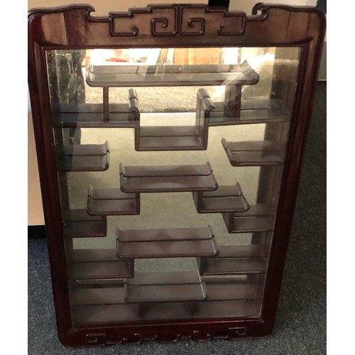 115 - Vintage Chinese rosewood wall-hanging, curio display cabinet, mirrored inside with shelves of varyin... 