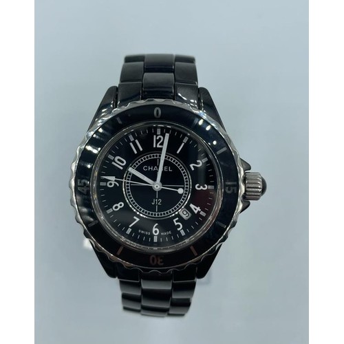 61 - Chanel large ceramic quartz watch black face and strap