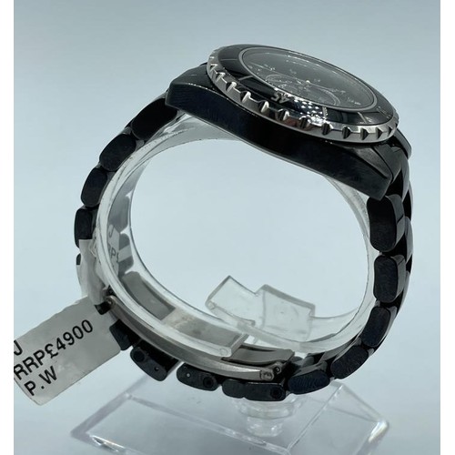 82 - Chanel ceramic quartz watch model J12, black face and full diamonds set dial