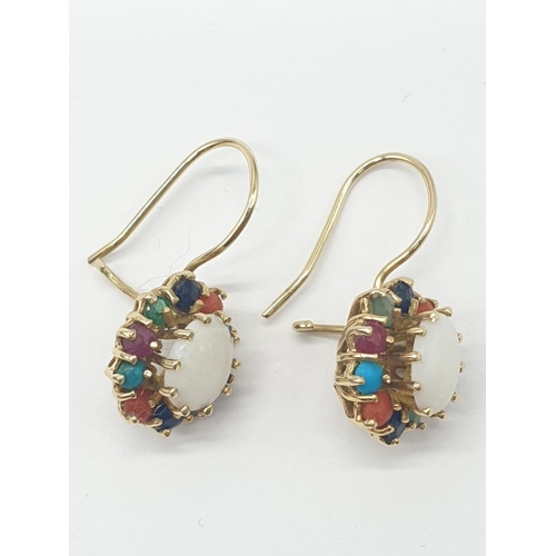 180 - 14ct Yellow Gold Opal and other Semi Precious Gemstone drop earrings, weight 4.9g