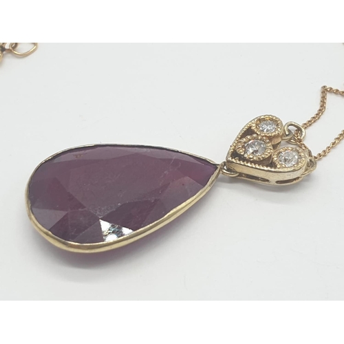 332 - Large PENDANT 10ct Ruby & 3 x Diamonds on 
9ct fine CHAIN.   5.1g.  46cm length.