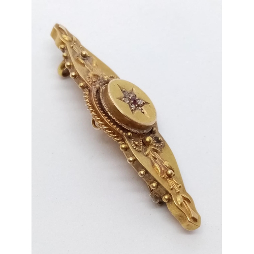 415 - Victorian 15ct BAR BROOCH with Diamonds and Ruby.  3.2g      4 cm.