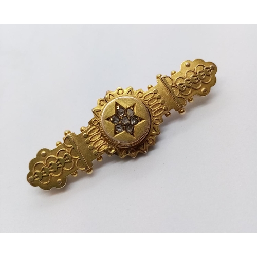 47 - Antique 15ct BAR BROOCH with Diamonds.  4.7g  4.5cm wide.