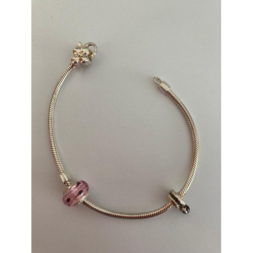 130 - Silver Lovelinks bracelet with full hallmark having silver flower clasp and hallmarked silver charms... 