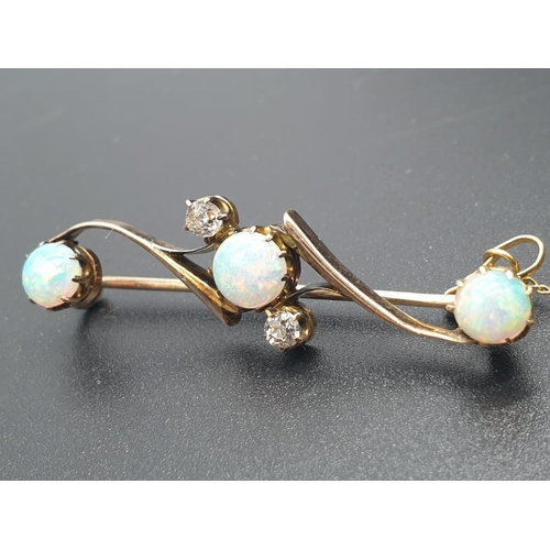 331 - Opal Yellow Metal and Diamonds Antique BAR BROOCH.  3.5g   4cm width.