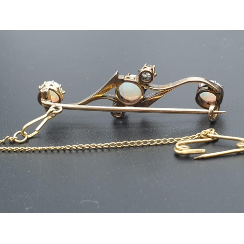 331 - Opal Yellow Metal and Diamonds Antique BAR BROOCH.  3.5g   4cm width.