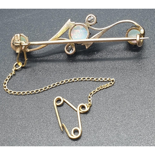 331 - Opal Yellow Metal and Diamonds Antique BAR BROOCH.  3.5g   4cm width.