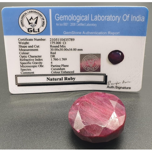 398 - 175ct round natural ruby, fully certified.