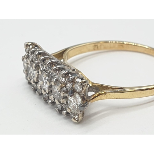 65 - 18ct yellow gold vintage ring with 5 large centre diamonds and 2 rows of 9 diamonds each side, appro... 