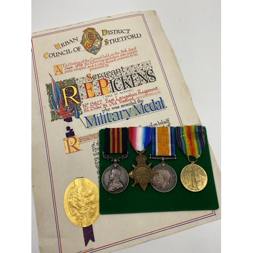 4 - WW1 Casualty Military Medal Group. Awarded to Pte Pickenings/Pickens of the East Lancashire Regiment... 