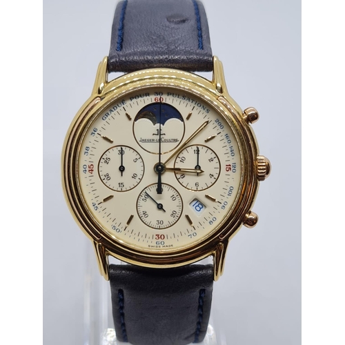 250 - jaeger-lecoultre Chronometer WATCH.  with gold face and Black leather strap.  32mm case .