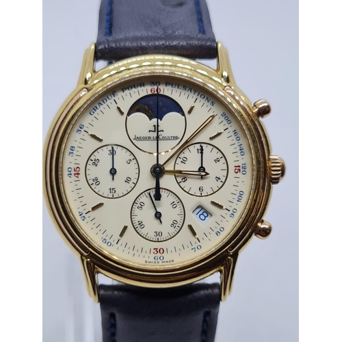 250 - jaeger-lecoultre Chronometer WATCH.  with gold face and Black leather strap.  32mm case .