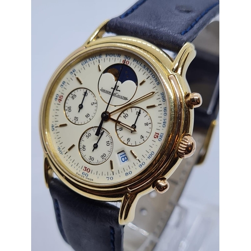 250 - jaeger-lecoultre Chronometer WATCH.  with gold face and Black leather strap.  32mm case .