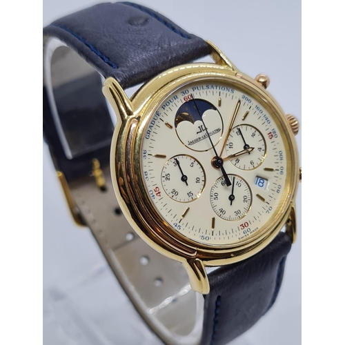 250 - jaeger-lecoultre Chronometer WATCH.  with gold face and Black leather strap.  32mm case .