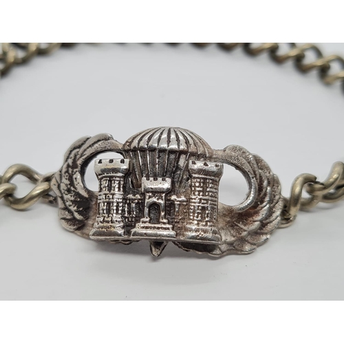 320 - WW2 Solid Silver US Airborne Recon Jump Wings on a silver-plated wrist chain.