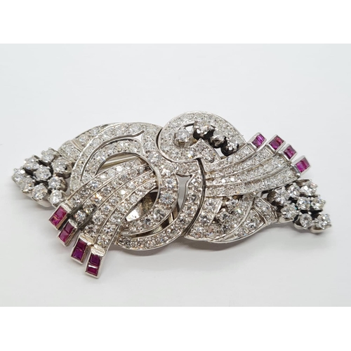 419 - Art Deco Platinum & Diamond BROOCH with over 5ct Diamonds and ruby trim, weight 29.9g 6.5cm long