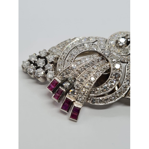 419 - Art Deco Platinum & Diamond BROOCH with over 5ct Diamonds and ruby trim, weight 29.9g 6.5cm long