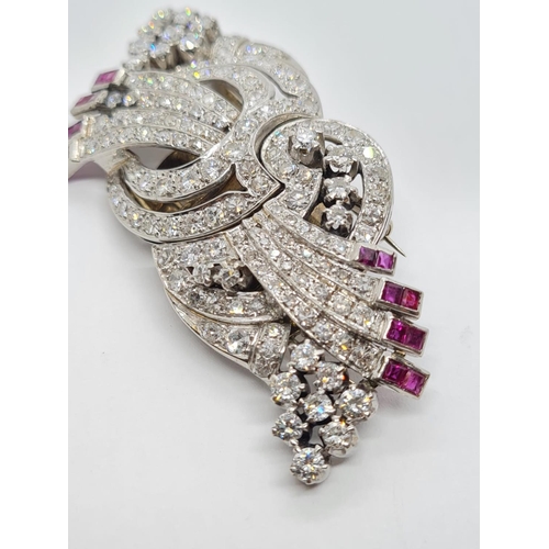 419 - Art Deco Platinum & Diamond BROOCH with over 5ct Diamonds and ruby trim, weight 29.9g 6.5cm long