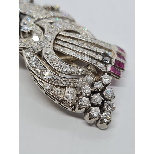 419 - Art Deco Platinum & Diamond BROOCH with over 5ct Diamonds and ruby trim, weight 29.9g 6.5cm long