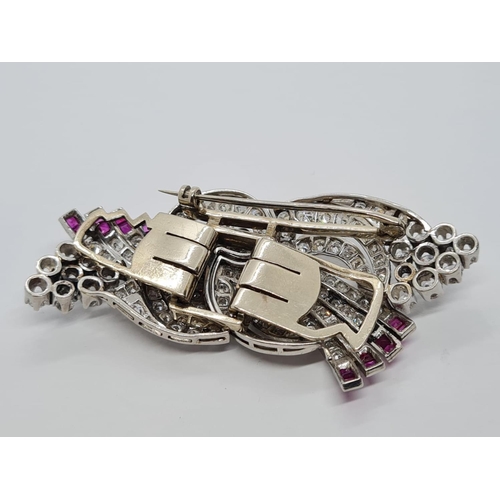 419 - Art Deco Platinum & Diamond BROOCH with over 5ct Diamonds and ruby trim, weight 29.9g 6.5cm long