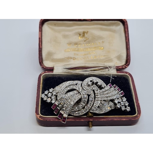 419 - Art Deco Platinum & Diamond BROOCH with over 5ct Diamonds and ruby trim, weight 29.9g 6.5cm long