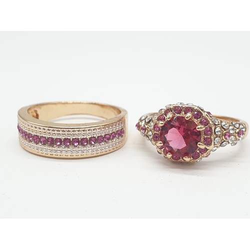 176 - A collection of five double rings (solitaire & eternity) with various gems in velvet red rose shape ... 