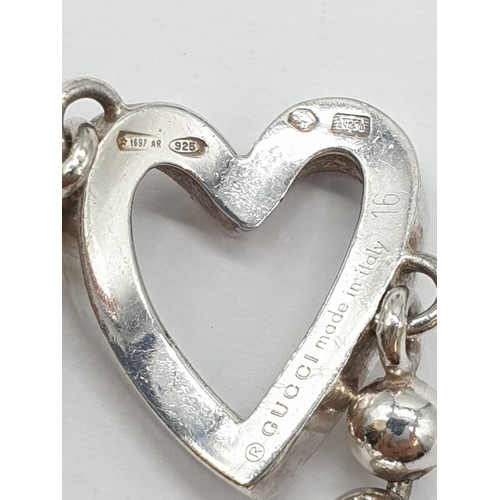 408 - Ladies Gucci sterling silver bead chain heart ring with pouch and box, size P