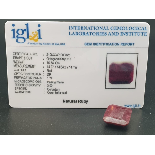 567 - 16.74 Cts Loose Natural Ruby. Octagonal step. IGL&I certified