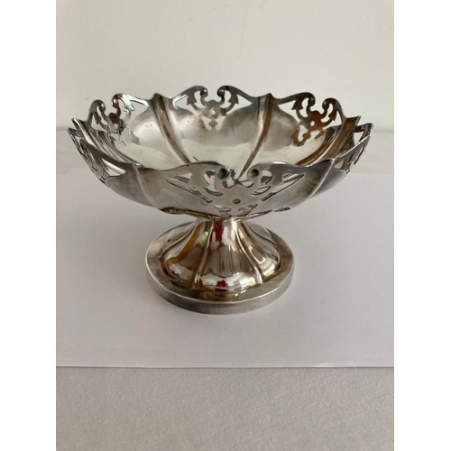 64 - Antique Silver BON BON DISH, having raised bowl with pierced scroll work to edge, on a 6 panel balus... 