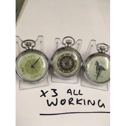 314 - Vintage gaming Horse Racing POCKET WATCHES.  X3 all working, when wound the mechanical arm spins aro... 