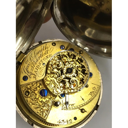 44 - Antique large silver verge fusee full HUNTER POCKET WATCH with diamond end stone.  George Smith & Ba... 