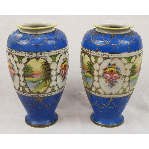 165 - A Pair of Hand-Painted Kinjo China Nippon Vases. Alternating panels of floral and river scenes. Dark... 