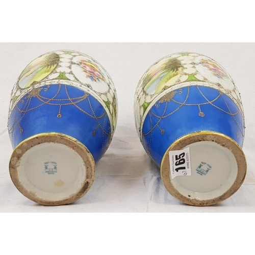 165 - A Pair of Hand-Painted Kinjo China Nippon Vases. Alternating panels of floral and river scenes. Dark... 