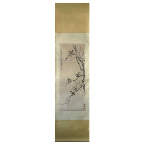 61 - Sparrows on the tree: Chinese ink and watercolour on paper scroll. Attribute to Xu Beihong. A collec... 