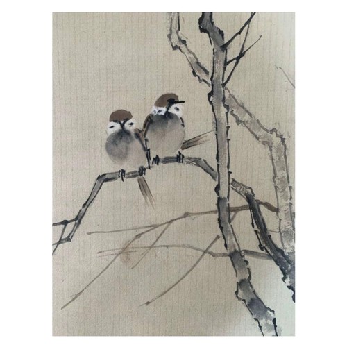 61 - Sparrows on the tree: Chinese ink and watercolour on paper scroll. Attribute to Xu Beihong. A collec... 