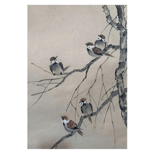 61 - Sparrows on the tree: Chinese ink and watercolour on paper scroll. Attribute to Xu Beihong. A collec... 