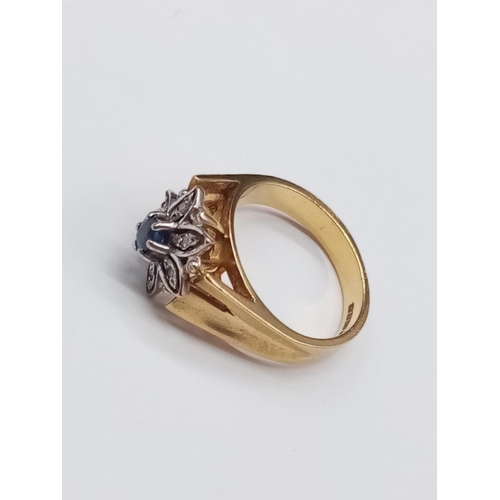 174 - 18ct Gold and Sapphire RING in floral design.  6.58g   Size: M