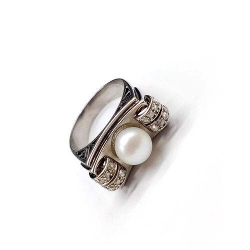 184 - Art Deco White Gold RING with Pearl Centre and Diamonds on the shoulders. (Tested at 18ct Gold)  18.... 