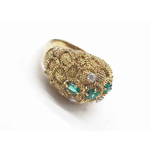 100 - An 18ct Gold, Three Stone Emerald and Three Stone Diamond Ladies Dress Ring. Size O. 14.55g