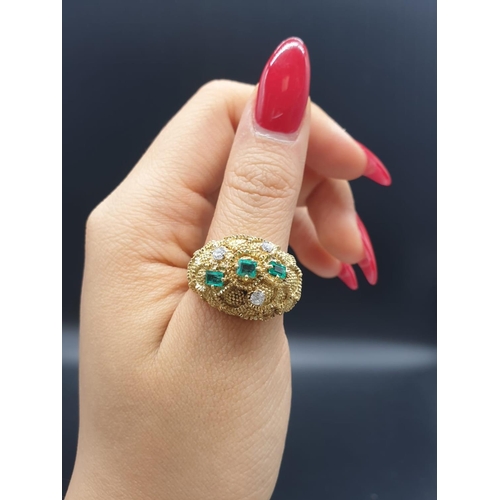 100 - An 18ct Gold, Three Stone Emerald and Three Stone Diamond Ladies Dress Ring. Size O. 14.55g