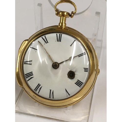 67 - Antique c1700's Yellow Metal Verge Fusee POCKET WATCH (Egyptian Pillars) working but sold with no gu... 