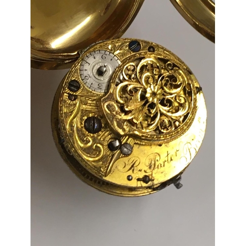 67 - Antique c1700's Yellow Metal Verge Fusee POCKET WATCH (Egyptian Pillars) working but sold with no gu... 