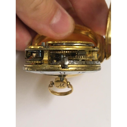 67 - Antique c1700's Yellow Metal Verge Fusee POCKET WATCH (Egyptian Pillars) working but sold with no gu... 