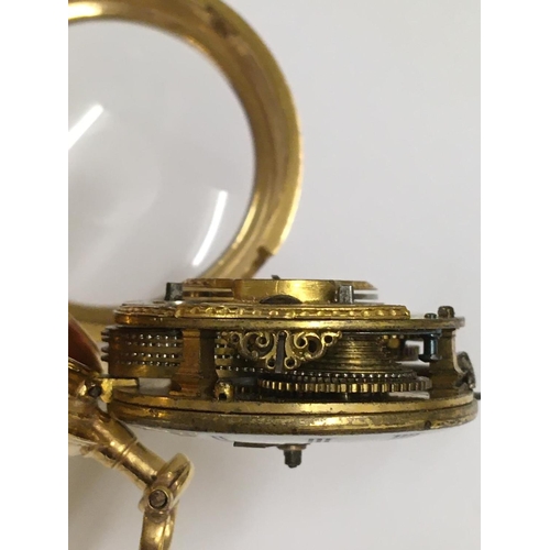 67 - Antique c1700's Yellow Metal Verge Fusee POCKET WATCH (Egyptian Pillars) working but sold with no gu... 