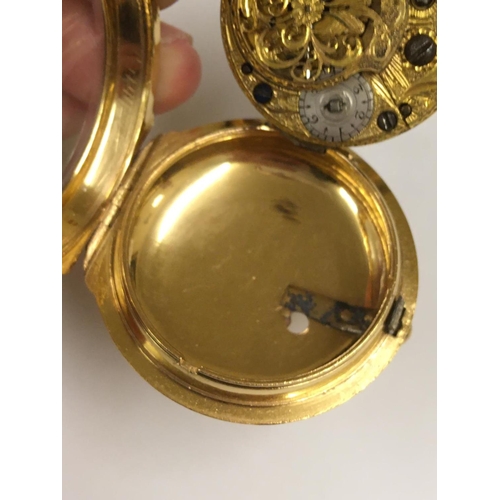 67 - Antique c1700's Yellow Metal Verge Fusee POCKET WATCH (Egyptian Pillars) working but sold with no gu... 