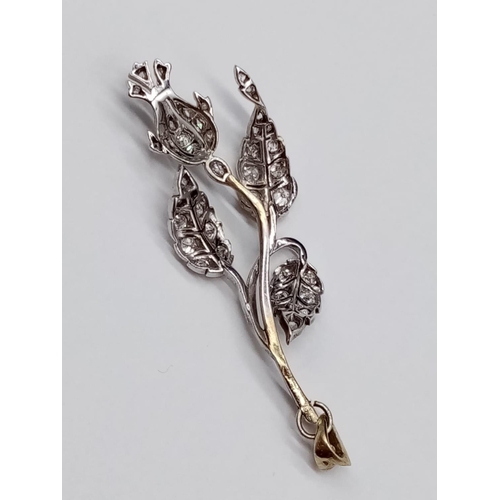 170 - Antique Silver and Gold Diamond PENDANT in the shape of a budding flower and leaves.  3.7g   5cm dro... 