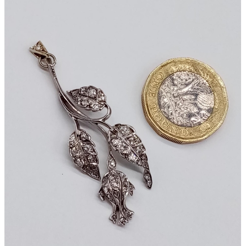 170 - Antique Silver and Gold Diamond PENDANT in the shape of a budding flower and leaves.  3.7g   5cm dro... 